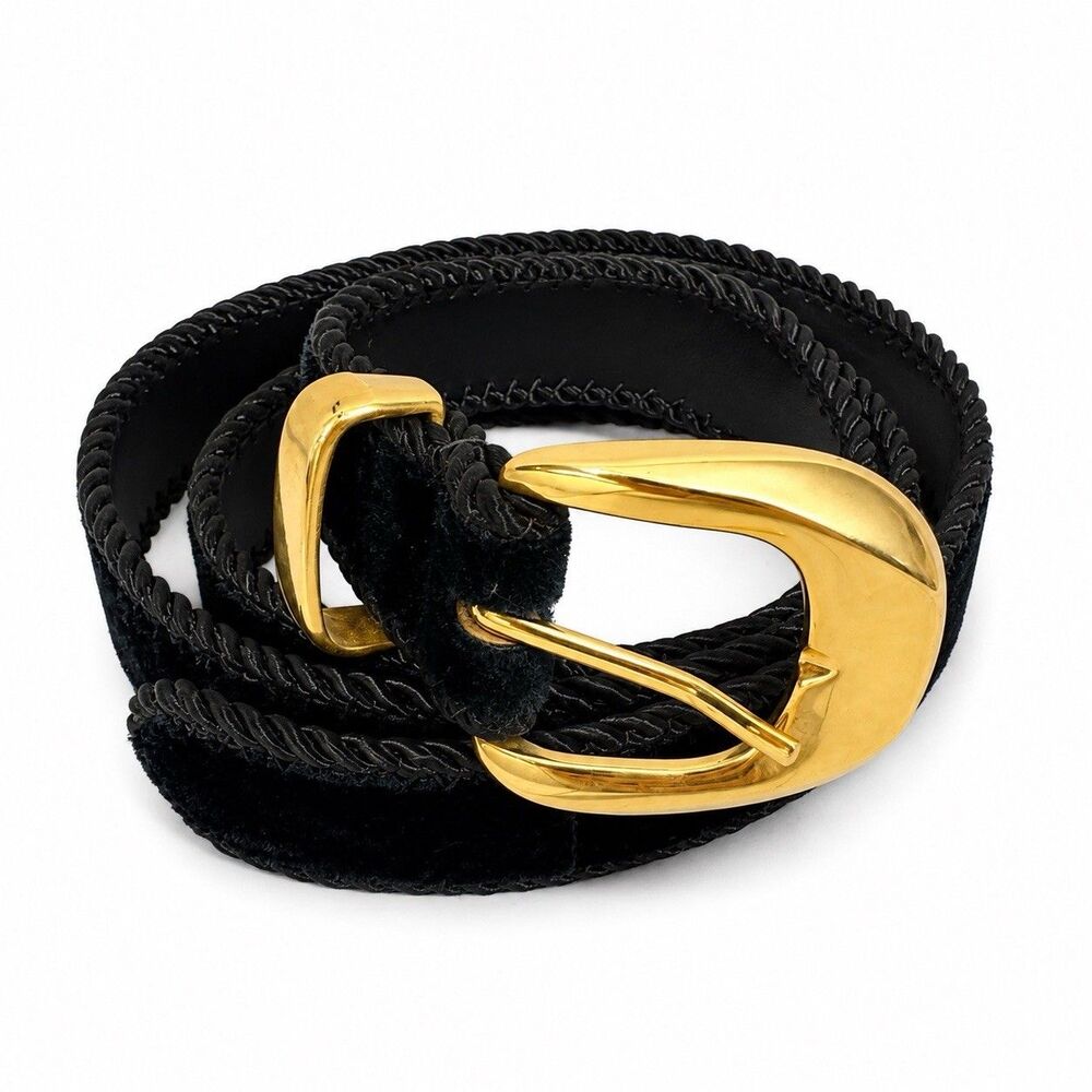 Vintage Black Velvet Belt Womens Gold Statement Buckle Braided 80s 90s Y2K
